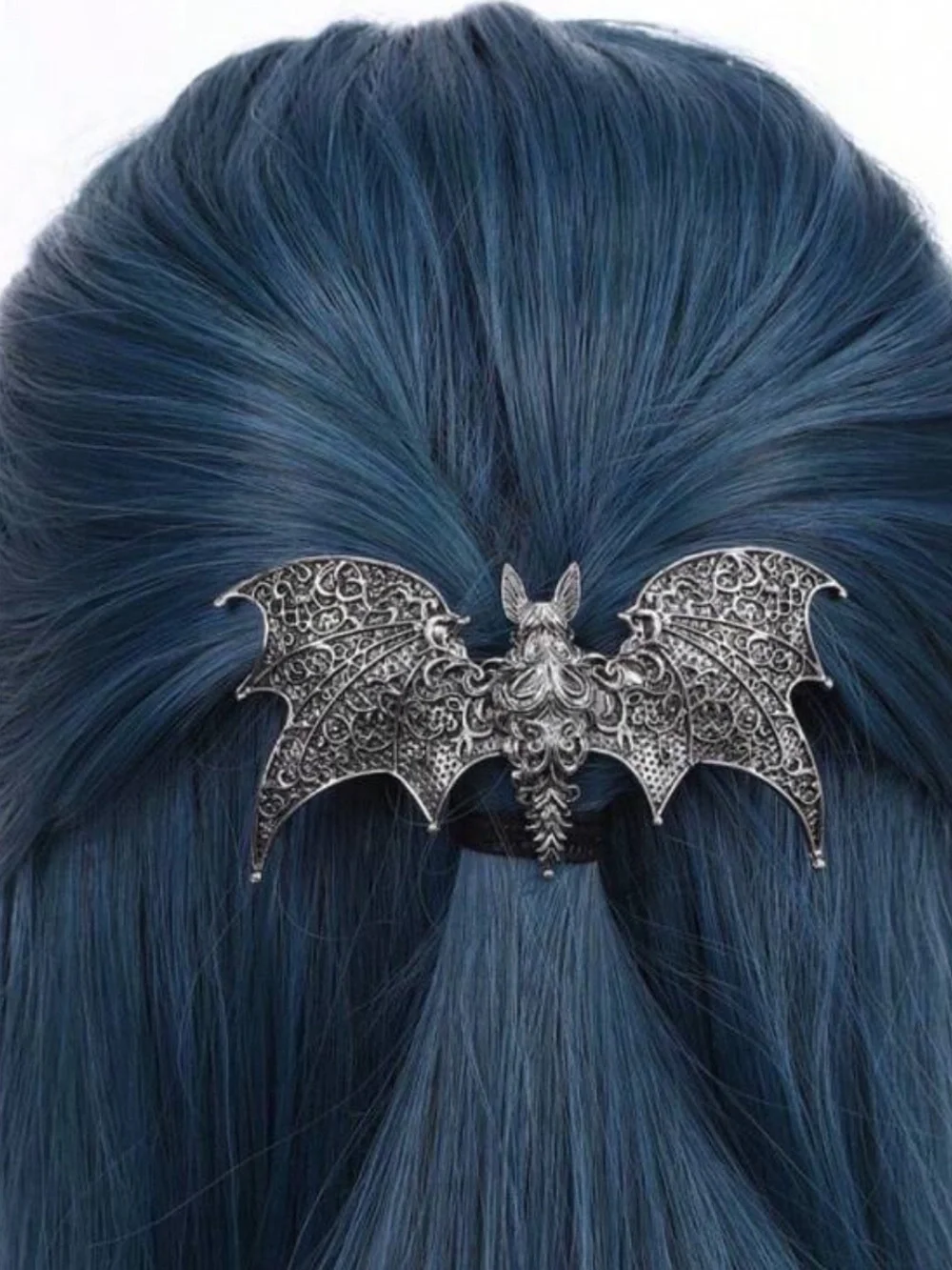 Gothic Elegant Ornate Bat Wing Metal Hair Clip Silver color Engraved details NWT